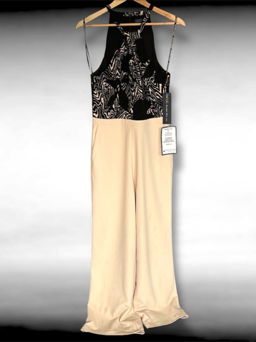 Women's Versatile Medium Rachel Roy Abstract Black Cream Stretch Jumpsuit NWT